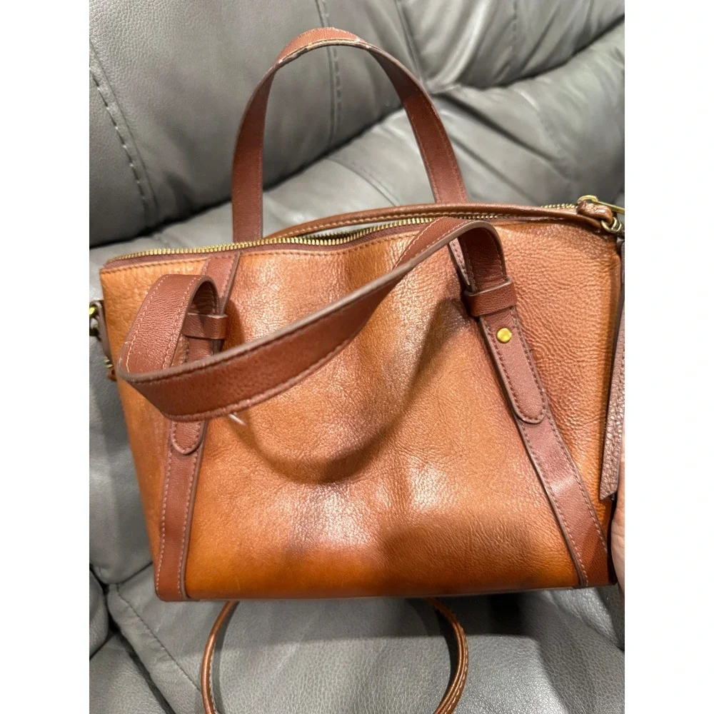 Fossil Rachel‎ Brown Pebbled Leather Satchel Crossbody Bag Monogram MMW